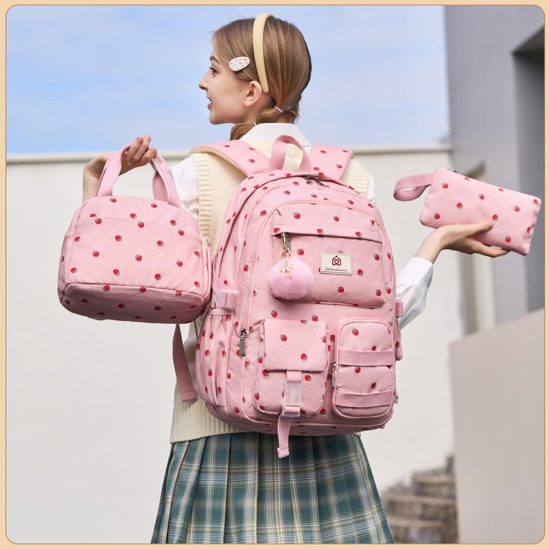 Hidds School Backpack with Lunch Box for Teens Girls Women 15.6 Inch Laptop College Backpacks with Lunch Bag Bookbag Set Corduroy Kids Elementary Middle High Bag Students Back Pack Daypack - Pink Set - Image 2