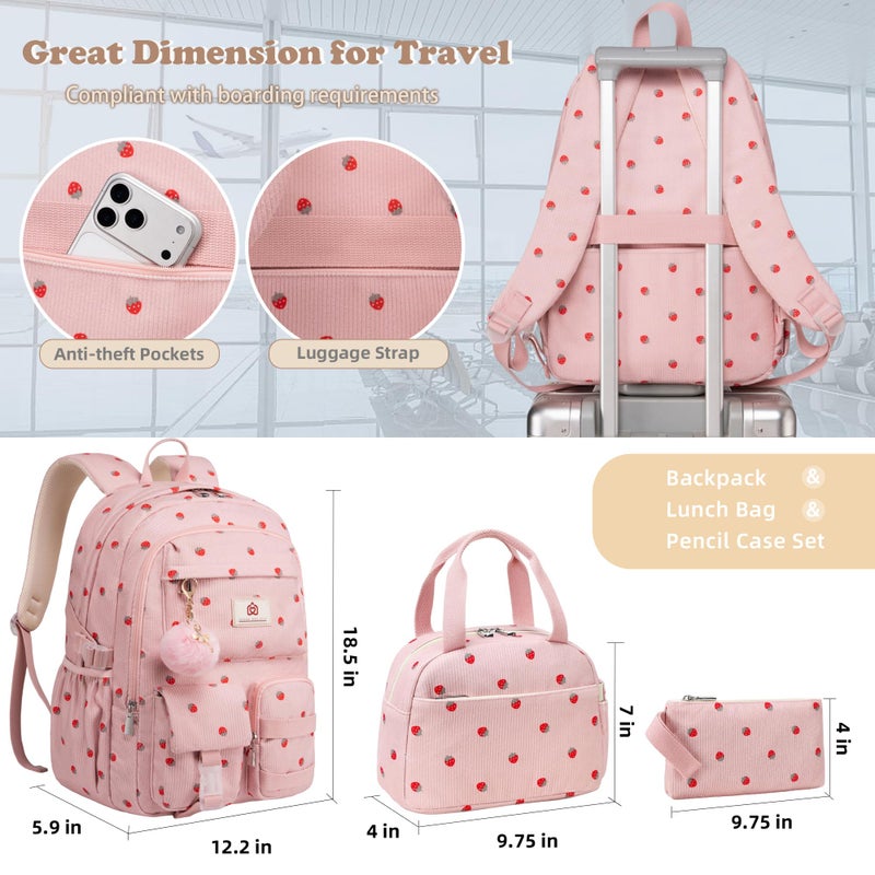 Hidds School Backpack with Lunch Box for Teens Girls Women 15.6 Inch Laptop College Backpacks with Lunch Bag Bookbag Set Corduroy Kids Elementary Middle High Bag Students Back Pack Daypack - Pink Set - Image 3