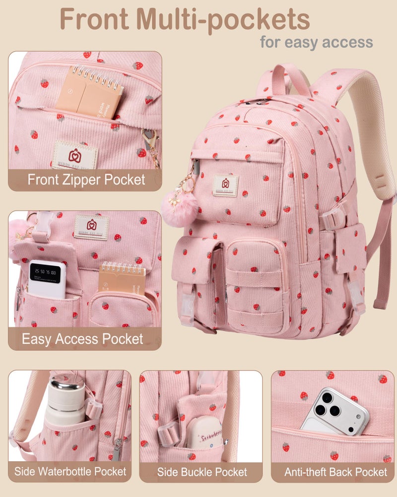 Hidds School Backpack with Lunch Box for Teens Girls Women 15.6 Inch Laptop College Backpacks with Lunch Bag Bookbag Set Corduroy Kids Elementary Middle High Bag Students Back Pack Daypack - Pink Set - Image 5
