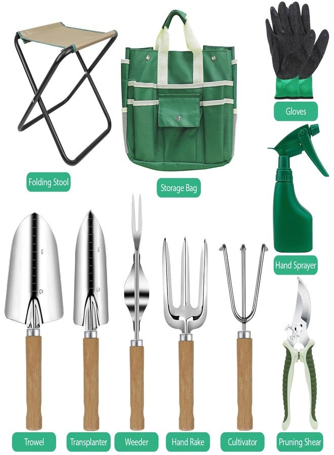 LeMotech Garden Tool Set,10 Pieces Heavy Duty Gardenting Tool Kit, Folding Stool with Detachable Tote Bag, Thicker Stainless Steel Tools (Trans-Planter,Trowel,Weeder etc.) for Women Men - Image 2