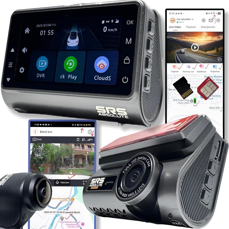 SRS Absolute 3K 2CH 4G Dash Cam Loop Record 24x7 Live Audio Video GPS Track Download Playback Call Zoom GeoFence HyperLapse PIP WiFi Hotspot Motion GSensor Reverse Park 1TB MicroSD SIM Support S44GC - Image 1