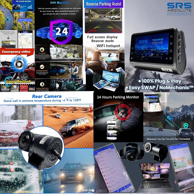SRS Absolute 3K 2CH 4G Dash Cam Loop Record 24x7 Live Audio Video GPS Track Download Playback Call Zoom GeoFence HyperLapse PIP WiFi Hotspot Motion GSensor Reverse Park 1TB MicroSD SIM Support S44GC - Image 3