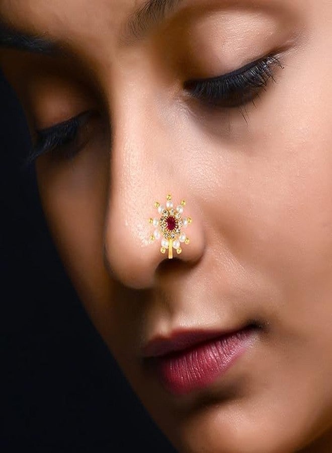 Mantraz Store Fasion Nose Pin Jewllery Gold PLated Nath Nose Pin Without Press Artificial stone Clip-on Maharashtrian Nath Nathiya For Women - Image 3
