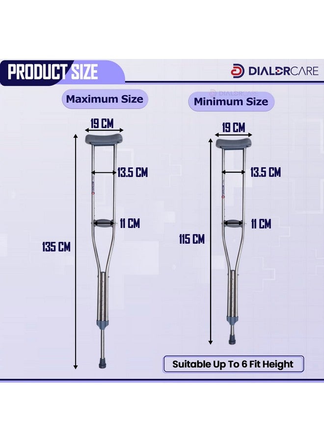 DIALDRCARE عكازات ديلدر كير من الألمنيوم قابلة للتعديل في الارتفاع للمشي للبالغين (فضي، سعة الوزن 100 كجم) (2) - Image 2