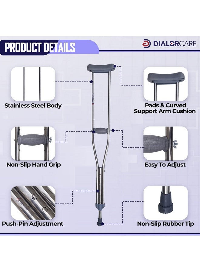 DIALDRCARE عكازات ديلدر كير من الألمنيوم قابلة للتعديل في الارتفاع للمشي للبالغين (فضي، سعة الوزن 100 كجم) (2) - Image 3