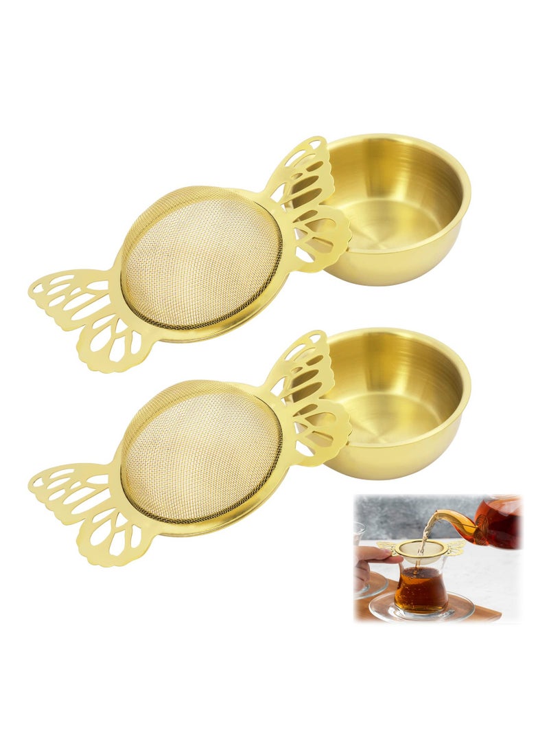 Y&D 2 Pieces Tea Strainers with Drip Bowl Fine Mesh Stainless Steel Loose Leaf Filter Butterfly Handle Reusable Interval Diffuser for Coffee Herbal Spice Juice Gold  - Image 1