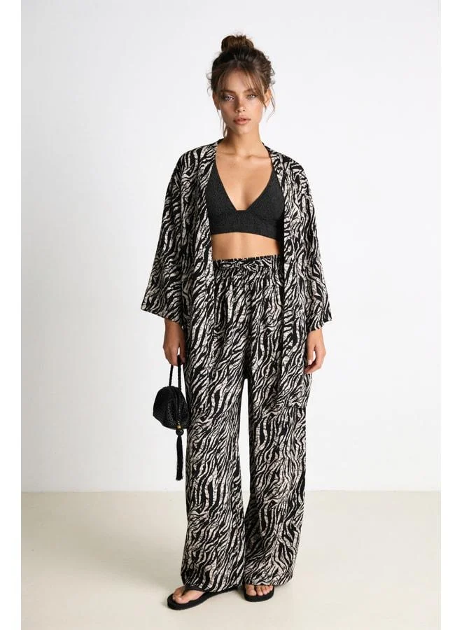 Lovely Istanbul Patterned Summer Viscose Kimono Pants Set LRN0013 BLACK KEMİK.