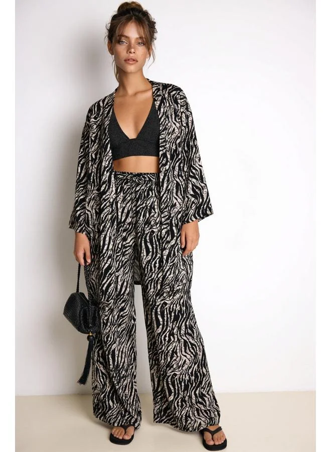 Lovely Istanbul Patterned Summer Viscose Kimono Pants Set LRN0013 BLACK KEMİK.