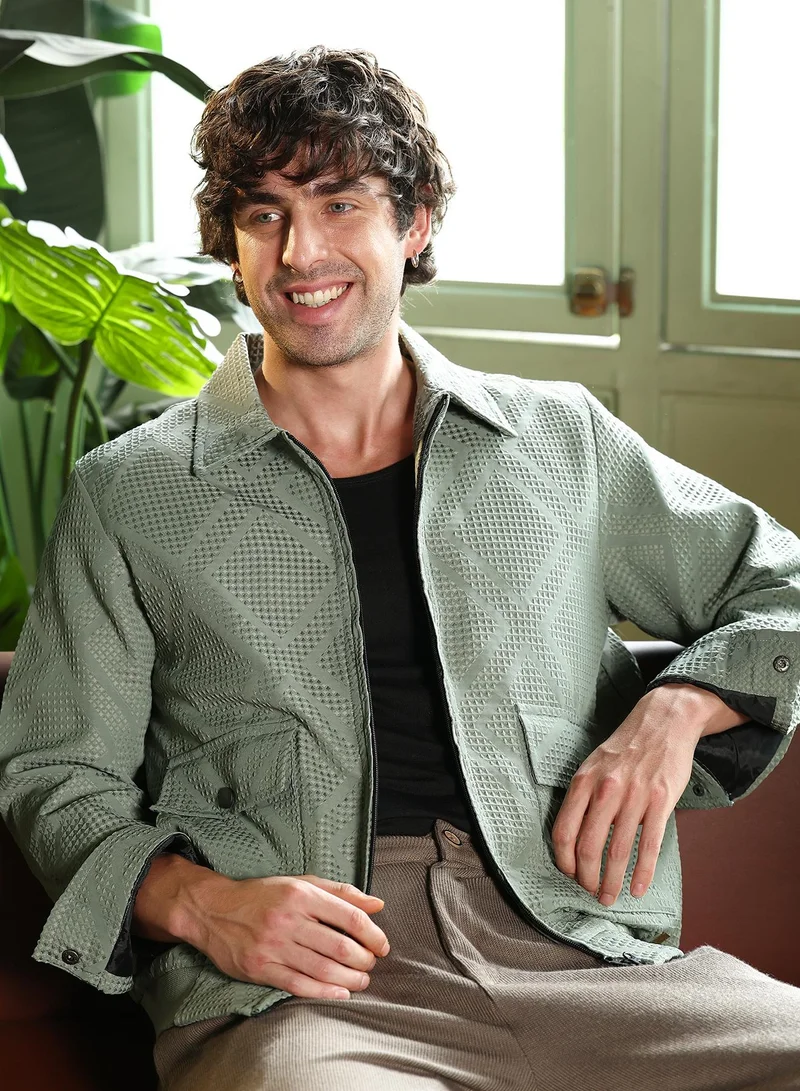 Campus Sutra Men Rhombus-Jacquard Zip-Front Jacket | Point Collar, Long Button-Cuff Sleeves | Zipper , Ribbed-Straight Hem | Solid Jacquard | Woven Fabric For Casual & Daily Wear | Pastel Olive