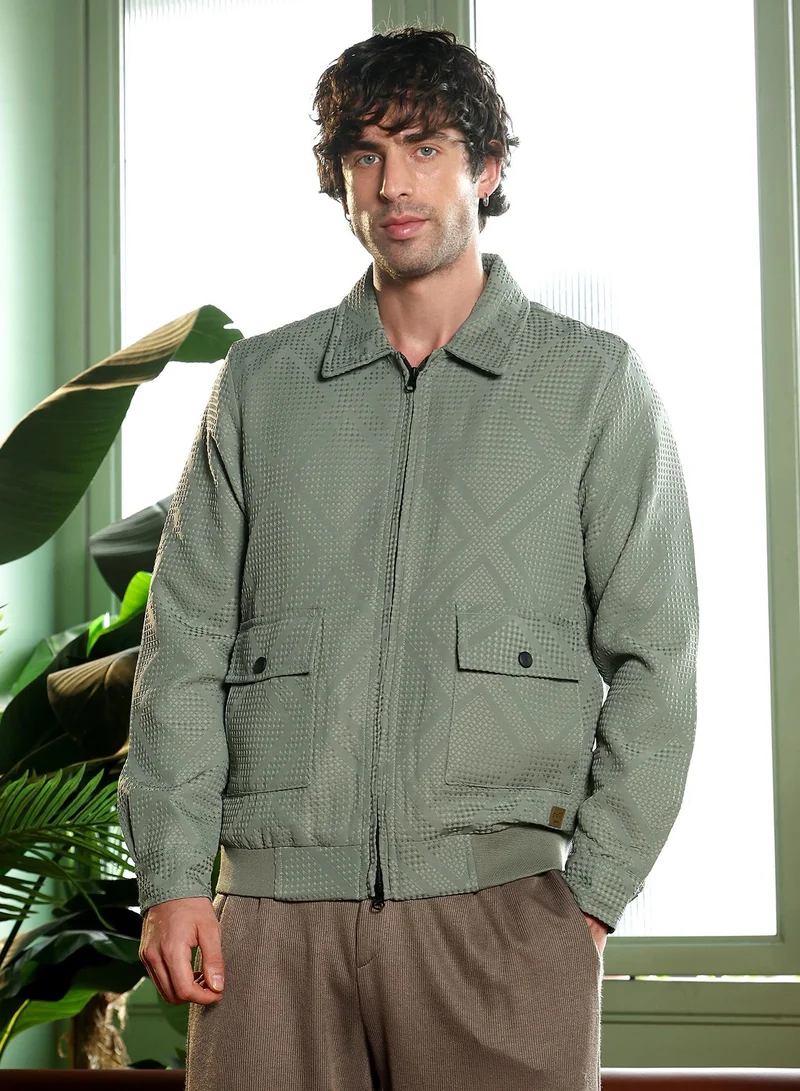 Campus Sutra Men Rhombus-Jacquard Zip-Front Jacket | Point Collar, Long Button-Cuff Sleeves | Zipper , Ribbed-Straight Hem | Solid Jacquard | Woven Fabric For Casual & Daily Wear | Pastel Olive
