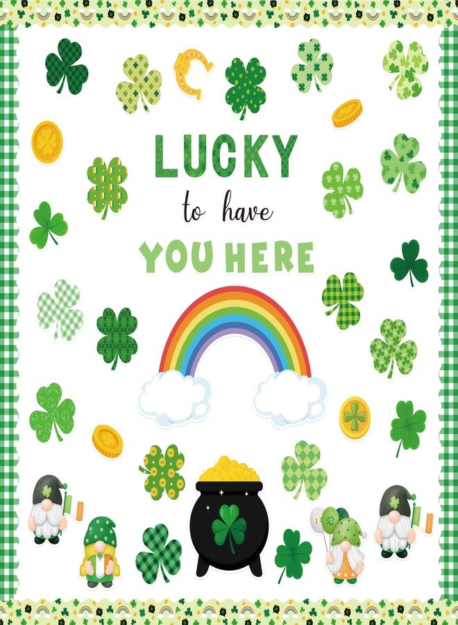 CPicdn 145Pcs St. Patrick's Day Bulletin Board Classroom Decoration Lucky to Have You Here Cutouts Irish Shamrock Gnome Name Tags Green Plaids Border Trim School Chalkboard Home Wall Door Party Decor - Image 1