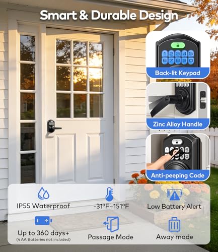 TEEHO TE019 Smart Keypad Door Lock with Handle, App Control, Keyless Entry Electronic Lock, Remote One-Time Codes, Auto Lock, Passage Mode, for Bedroom, Interior Door & Rental, Matte Black - Image 4