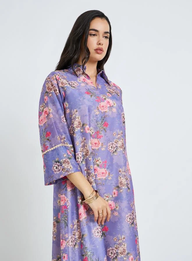 Amirah  Women Purple Floral Print A-Line Jalabiya for Women | Best Price UAE