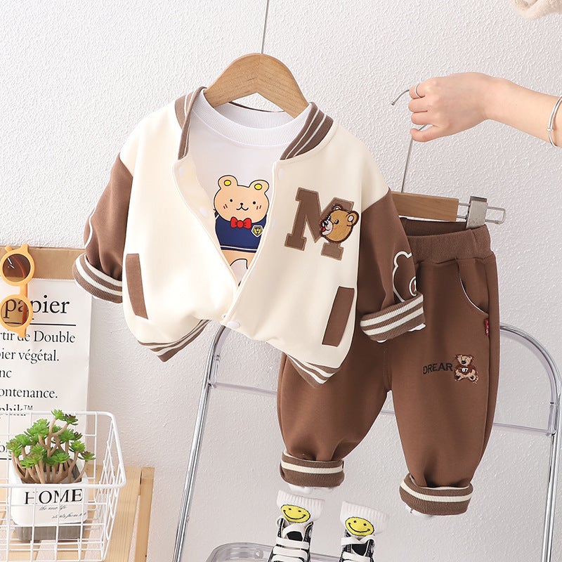 Spring Boys Casual Baseball Jacket Cartoon Outfit 1-5Y Brown - Image 1