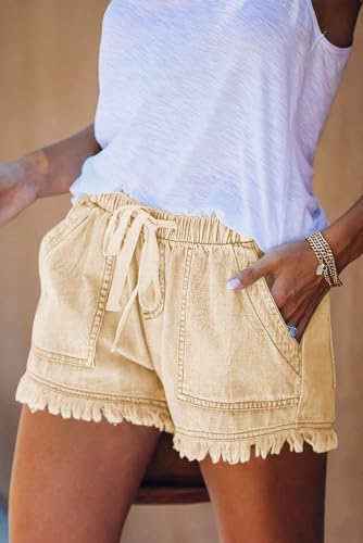 YOCUR Elastic Waist Jean Shorts for Women Casual Summer Hot Pants High Waisted Loose Fit Juniors Comfy Sexy Beach Denim Shorts Khaki M - Image 2