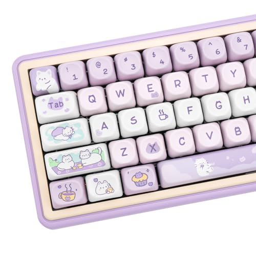COOMICKEY PBT Keycaps, MOA Profile Keycaps 132 Keys Dye Sublimation Purple Cute Cat Customized Keycap Set for ANSI Layout Cherry MX Switches Mechanical Keyboards - Image 1