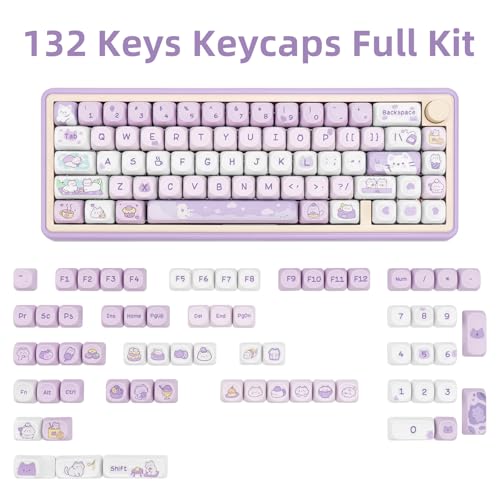 COOMICKEY PBT Keycaps, MOA Profile Keycaps 132 Keys Dye Sublimation Purple Cute Cat Customized Keycap Set for ANSI Layout Cherry MX Switches Mechanical Keyboards - Image 2