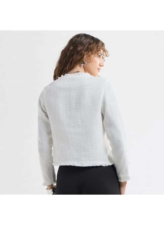 FAV Textured Frayed Hem Shacket with Long Sleeves and Button Accents