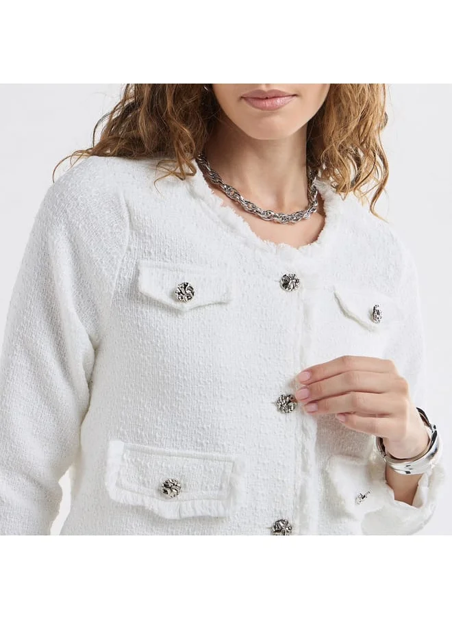 FAV Textured Frayed Hem Shacket with Long Sleeves and Button Accents