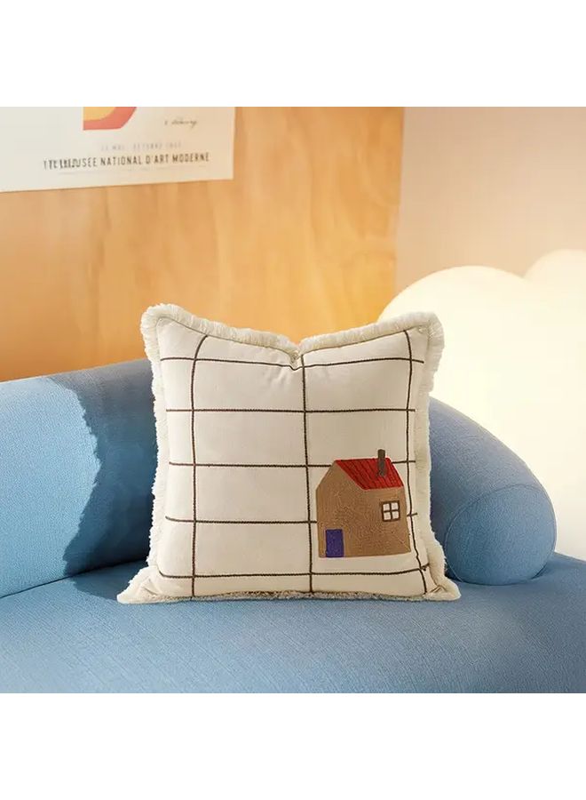 1pc Red Roof Cute House Tassel Pillow Cover 17.72x17.72 Inch Beige Minimalist Decorative Throw Cushion Case for Living Room Bedroom Sofa Office Chair Machine Washable - Image 1