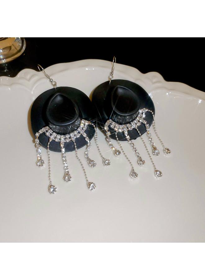 Cowboy Hat Water Drop Diamond Tassel Ear Hook Fashion Personality Creative Long Eardrop Hot Girl Sweet Cool Wind Earrings 