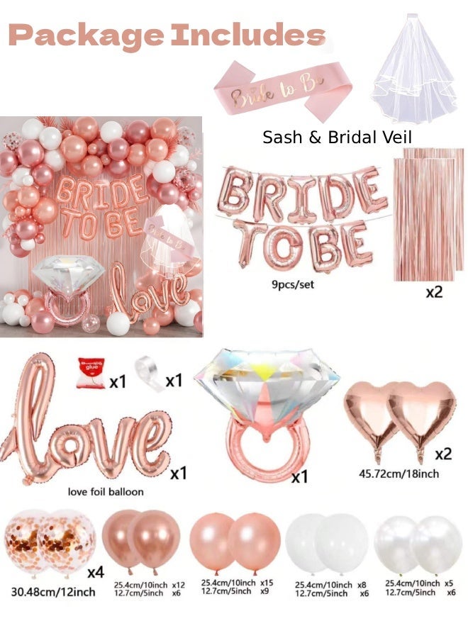 Farahom Rose Gold Bachelorette Party Decorations Set, Bridal Shower Decorations with Sash & Veil, Bride To Be Balloons with LOVE & Diamond Ring Balloons, Confetti Balloons, Latex Balloons & Fringe Curtains for Hen Party, Henna Night, Mehndi Night & Engagement Party - Image 3