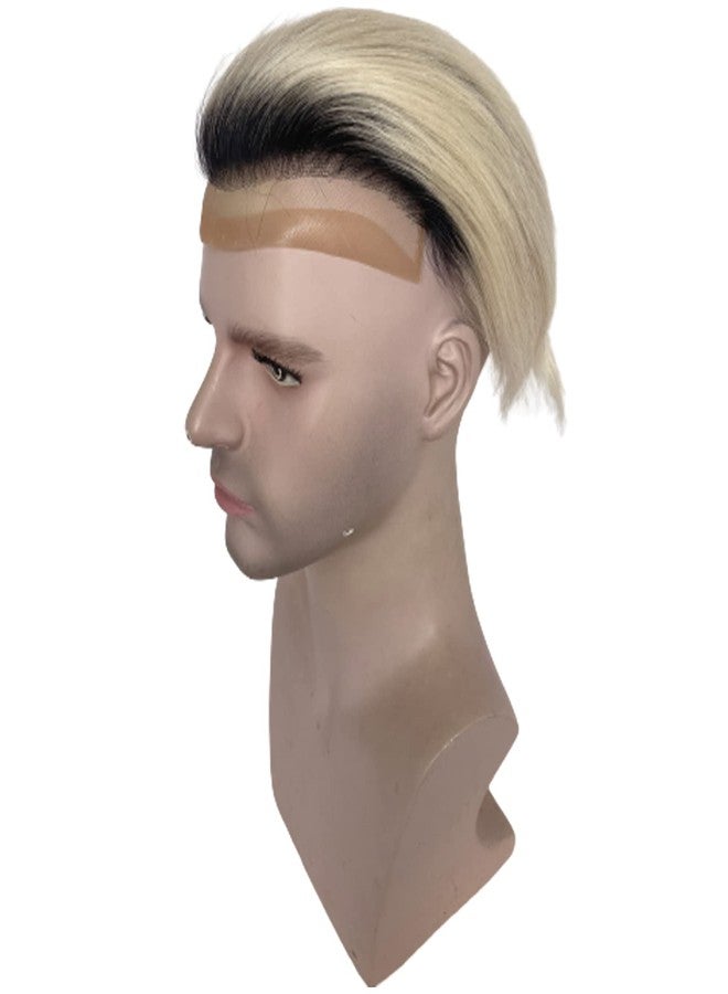 Voloria Mens Toupee Human Hair Swiss Lace Front Replacement Hairpiece for Man Mono Lace Base Tope with PU Around 1B Black Roots Ombre 60 Platinum Blonde Color - Image 3