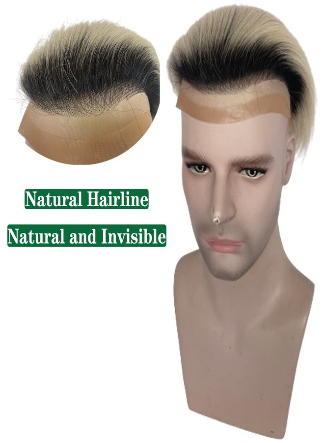 Voloria Mens Toupee Human Hair Swiss Lace Front Replacement Hairpiece for Man Mono Lace Base Tope with PU Around 1B Black Roots Ombre 60 Platinum Blonde Color - Image 2