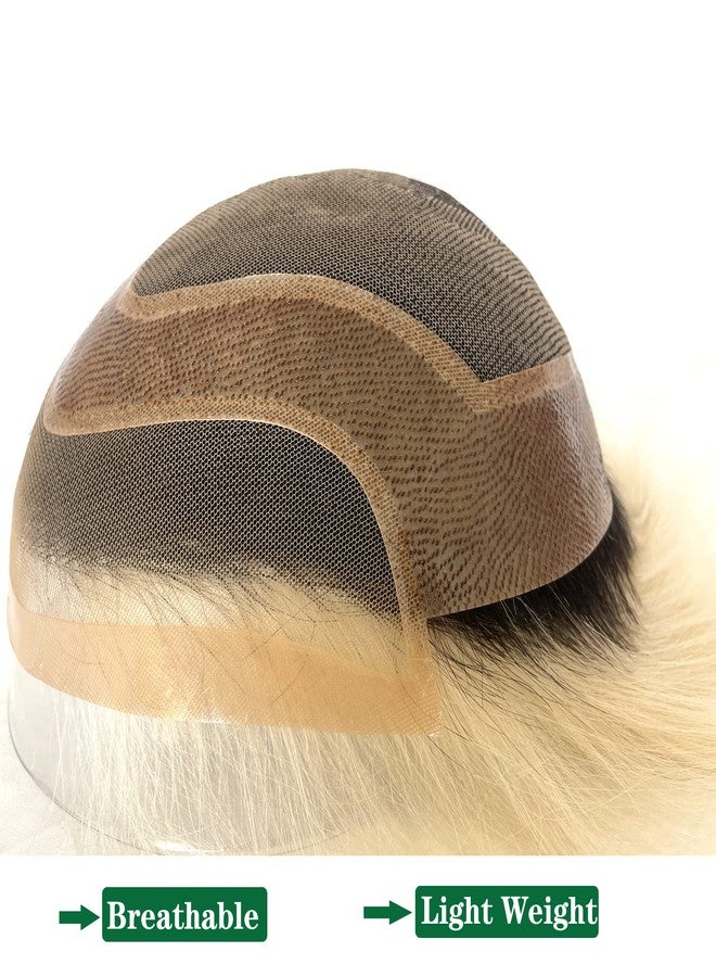 Voloria Mens Toupee Human Hair Swiss Lace Front Replacement Hairpiece for Man Mono Lace Base Tope with PU Around 1B Black Roots Ombre 60 Platinum Blonde Color - Image 5