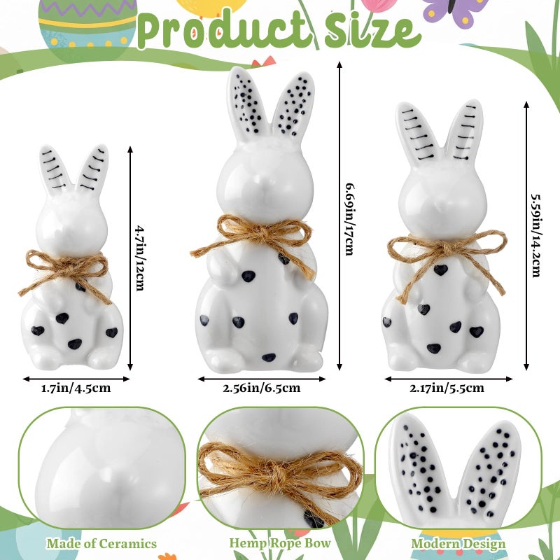 Mysora 3 Pcs Easter Ceramic Bunny Figurine Decor Large Black and White Porcelain Polka Dot Rabbit Statues Modern Elegant Bunnies Figurines Easter Gift Spring Decor for Tabletop Bookshelf - Image 2