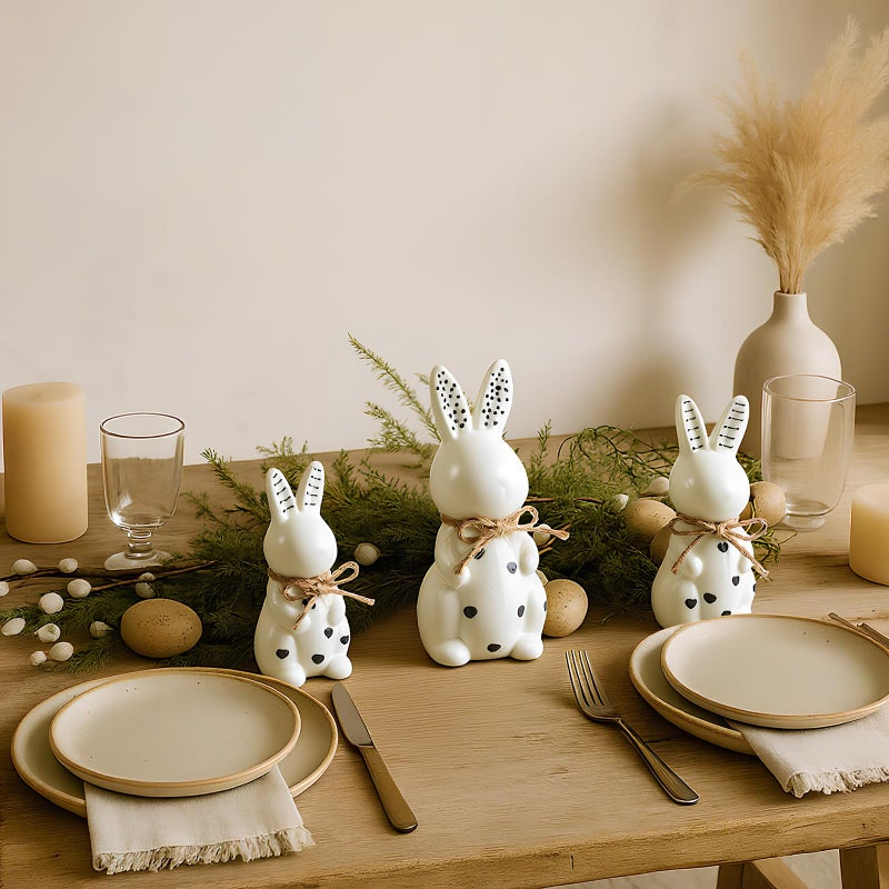 Mysora 3 Pcs Easter Ceramic Bunny Figurine Decor Large Black and White Porcelain Polka Dot Rabbit Statues Modern Elegant Bunnies Figurines Easter Gift Spring Decor for Tabletop Bookshelf - Image 5