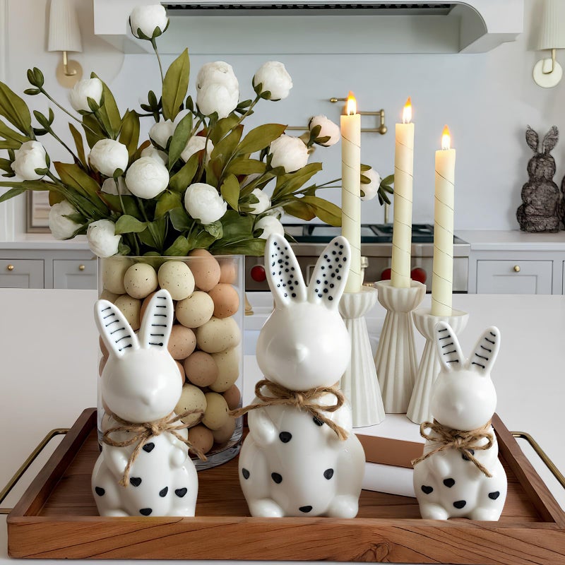 Mysora 3 Pcs Easter Ceramic Bunny Figurine Decor Large Black and White Porcelain Polka Dot Rabbit Statues Modern Elegant Bunnies Figurines Easter Gift Spring Decor for Tabletop Bookshelf - Image 4