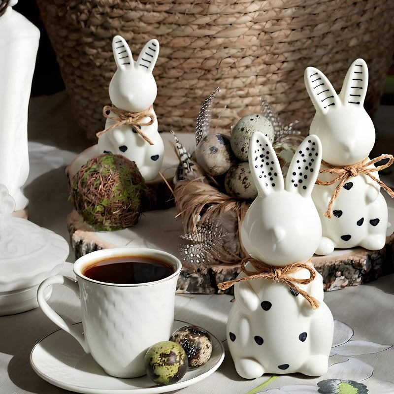 Mysora 3 Pcs Easter Ceramic Bunny Figurine Decor Large Black and White Porcelain Polka Dot Rabbit Statues Modern Elegant Bunnies Figurines Easter Gift Spring Decor for Tabletop Bookshelf - Image 3