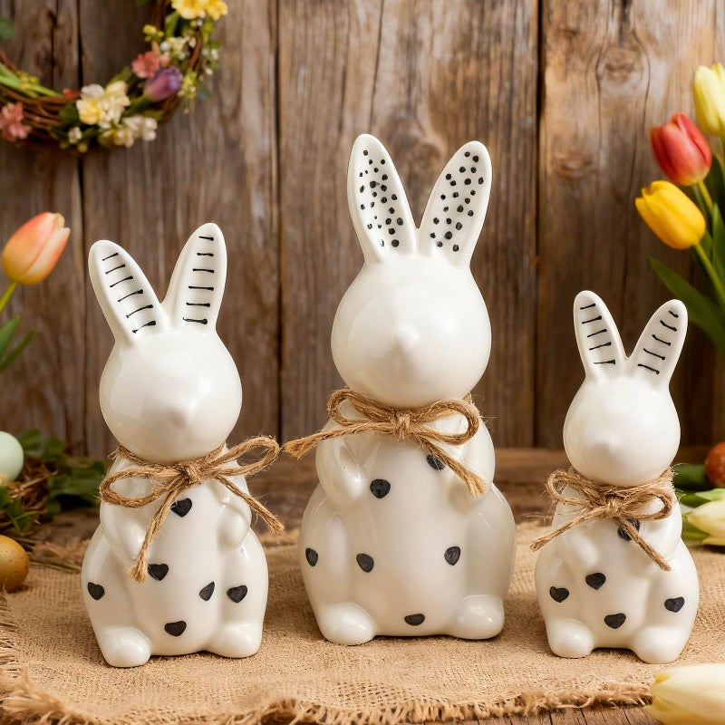 Mysora 3 Pcs Easter Ceramic Bunny Figurine Decor Large Black and White Porcelain Polka Dot Rabbit Statues Modern Elegant Bunnies Figurines Easter Gift Spring Decor for Tabletop Bookshelf - Image 1