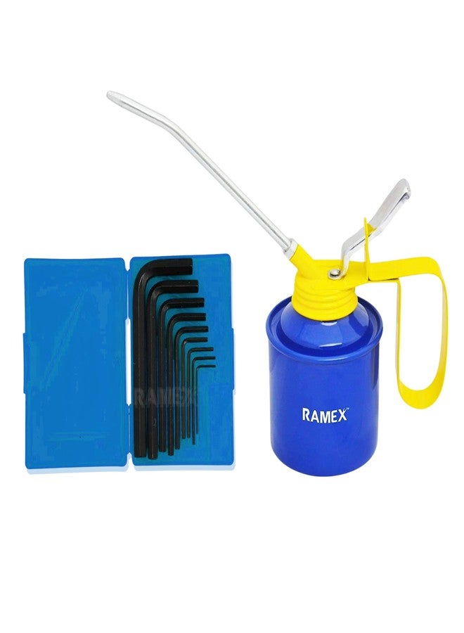 RAMEX 9pc Hex Allen Key Set In Plastic Box, Size: 1.5, 2, 2.5, 3, 4, 5, 6, 8, 10 Oil Can For Vehicles -1/2 Pint Capacity. Glossy Blue & Yellow