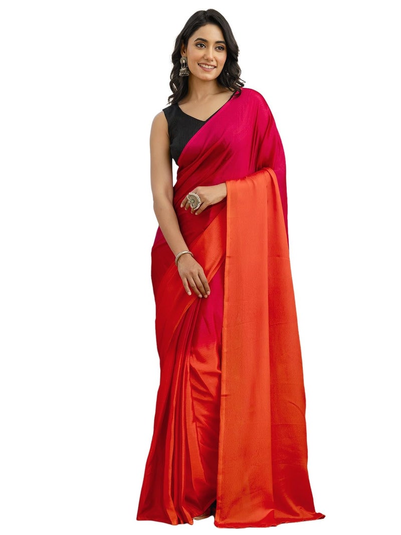 Satrani Women's Chinnon Padding Dyed Reday To Wear Saree with Unstitched Blouse Piece (51RS155_Rani Pink & Orange) - Image 1