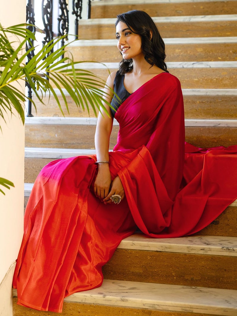 Satrani Women's Chinnon Padding Dyed Reday To Wear Saree with Unstitched Blouse Piece (51RS155_Rani Pink & Orange) - Image 4