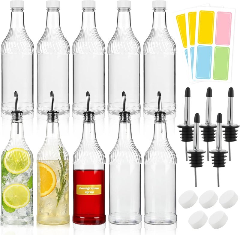 Tinsky 20 Pcs 32 oz Plastic Liquor Bottles Long Neck Bar Juice Pour Bottles with Liquor Pour Spout and Caps Snow Cone Syrup Bottles for Juice Alcohol - Image 1