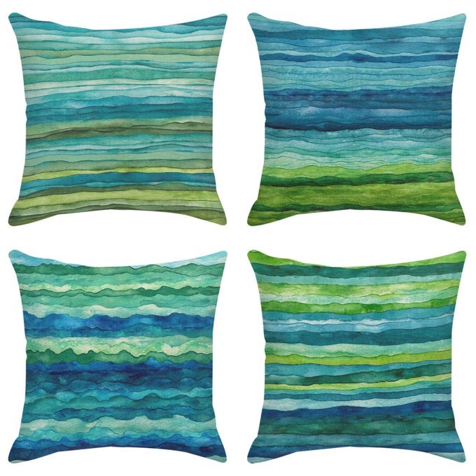 THROW PILLOW COVERS HOME DECOR SET OF 4 PILLOW CASES DECORATIVE 18 X 18 INCHES CUSHION COUCH SOFA PILLOWCASES WATERCOLOR BLUE GREEN STRIPE PAINT WAVE