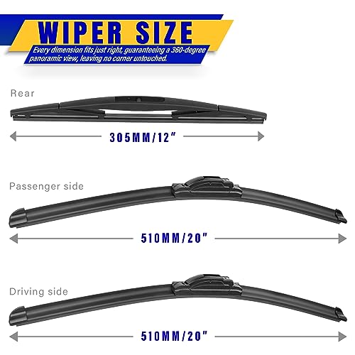 Rooppa 3 wipers Replacement for 2003-2009 Honda Element/2009-2014 Nissan Cube, Windshield Wiper Blades Original Equipment Replacement - 20"/20"/12" (Set of 3) U/J HOOK - Image 2