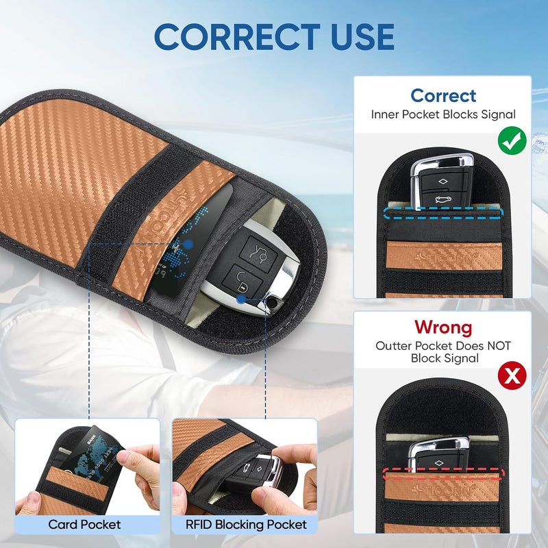 تيكون حقيبة فاراداي 2PK لمفتاح السيارة، 3.5 × 5.0 بوصة حماية قفص فاراداي، حجب إشارات RFID للسيارة، حقيبة مضادة للسرقة وعلبة مضادة للاختراق (برونزي، M) - Image 4