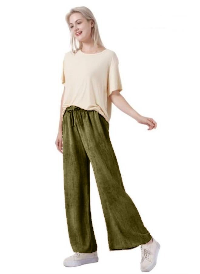 بنطلون نسائي واسع الساق بمقاس حر، بخصر عالٍ، فضفاض، طويل، مصنوع من قماش البوليستر، ملابس خارجية غير رسمية، حزام خصر مرن مع رباط قابل للتعديل - Image 1