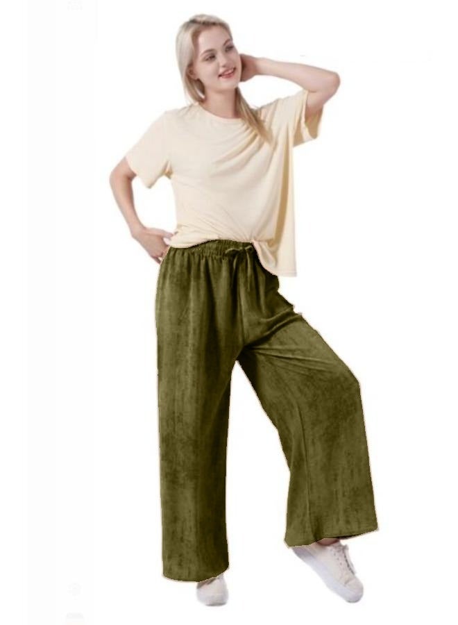 بنطلون نسائي واسع الساق بمقاس حر، بخصر عالٍ، فضفاض، طويل، مصنوع من قماش البوليستر، ملابس خارجية غير رسمية، حزام خصر مرن مع رباط قابل للتعديل - Image 3