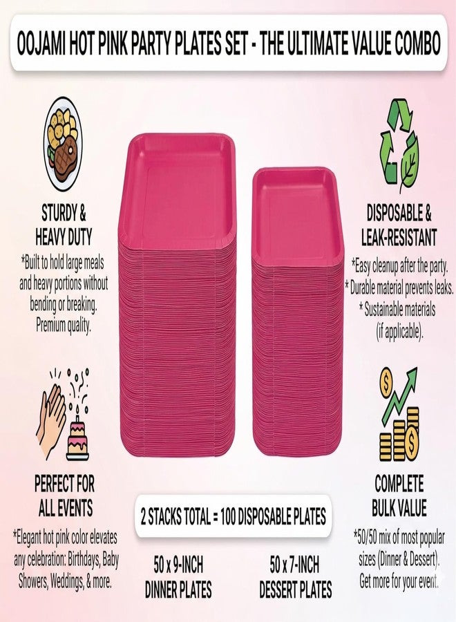 Oojami Pink Paper Plates Set – 100 Count Disposable Party Plates, 50 9-Inch Dinner & 50 7-Inch Dessert Plates, Sturdy Pink Party Plates for Birthdays, Baby Showers, Bridal Showers, Events - Image 2