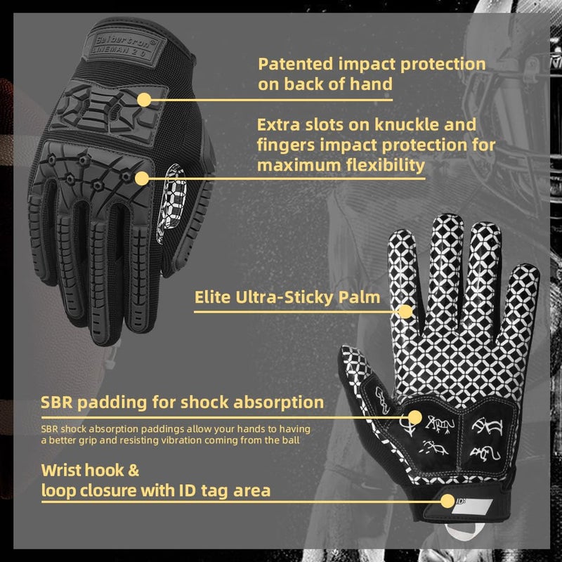 Seibertron Lineman 2.0 Padded Palm Football Receiver Gloves, Flexible TPR Impact Protection Back of Hand Glove Adult Sizes Black XL - Image 4