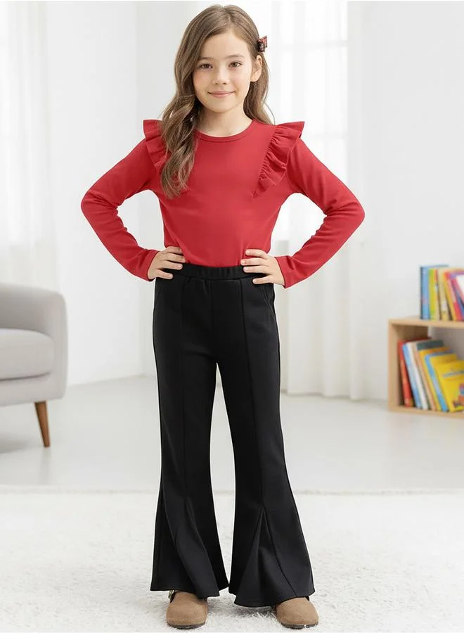 تايك تو Girl's Solid Ruffle Detail Round Neck Long Sleeve Top