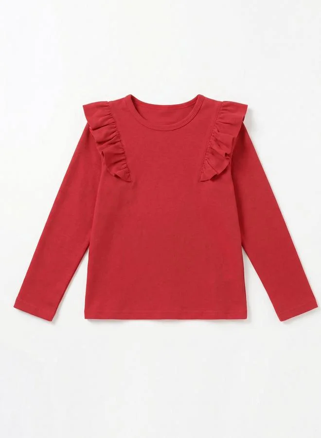 تايك تو Girl's Solid Ruffle Detail Round Neck Long Sleeve Top