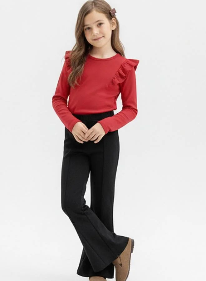 Take Two Girl's Solid Ruffle Detail Round Neck Long Sleeve Top