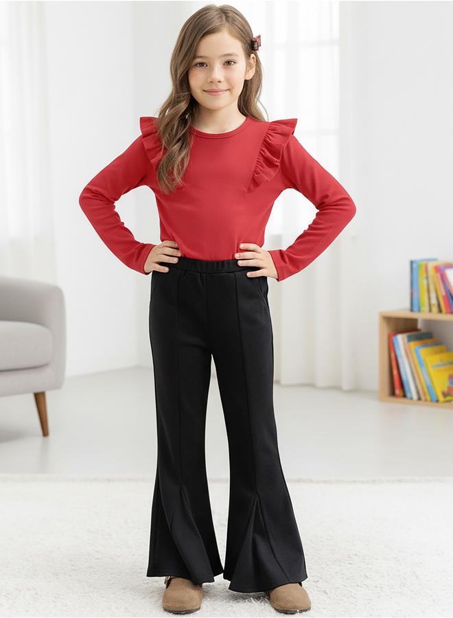 Take Two Girl's Solid Ruffle Detail Round Neck Long Sleeve Top - Image 2