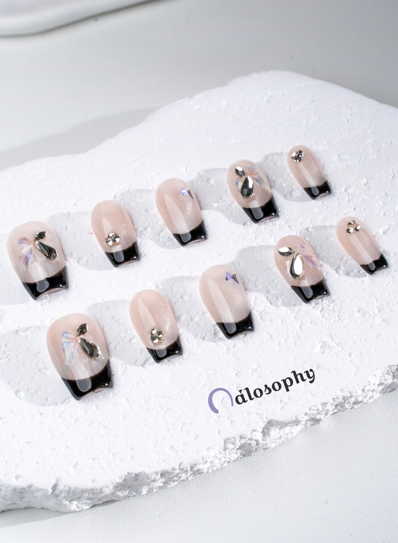 Nailosophy Handmade Gel Press-on Nails Nude Cat-Eye Black French with Butterfly | Coffin Shape - Image 3